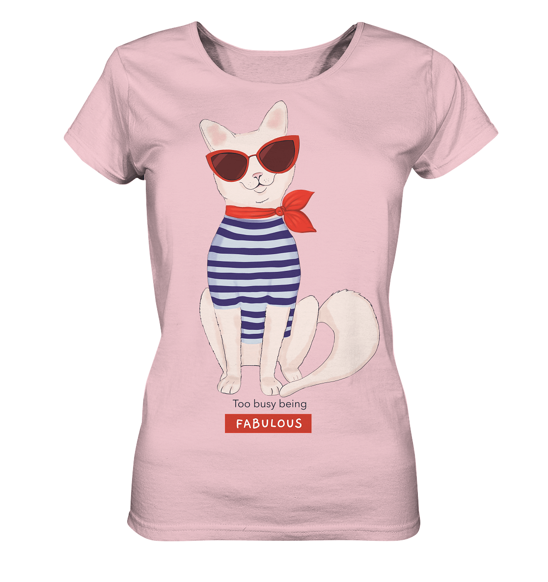 Weiße Katze Maritime Shirt in rosa mit Katze im Streifenhemd roter Sonnenbrille von BLOOMINIC