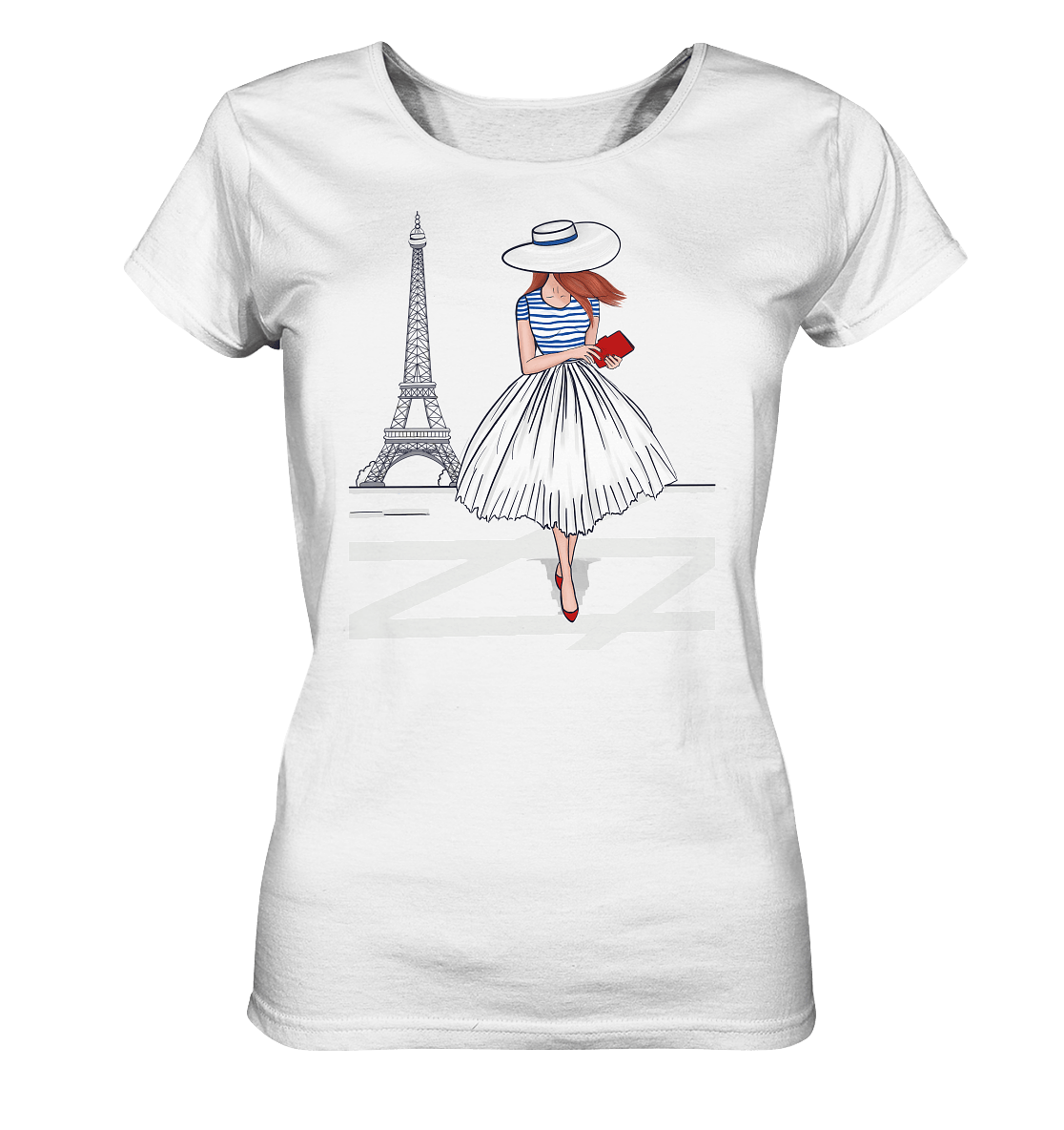 Damen T-Shirt mit handgezeichneten Eifelturm und Dame mit Hut und Streifenshirt in blau. Damen T-Shirt Fashion Sketch Pariserin