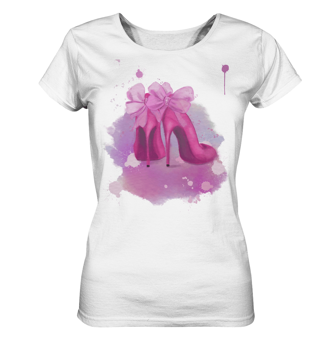 Damen T-Shirt mit handgezeichneten Aquarell Heels Design Damen T-Shirt Künstlermotiv Aquarell-Opitik "Aquarell Absatzschuhe mit Schleifen von Bloominic