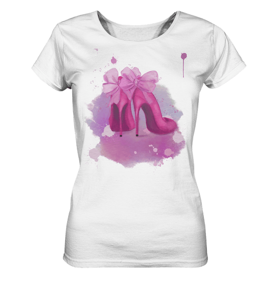 Damen T-Shirt mit handgezeichneten Aquarell Heels Design Damen T-Shirt Künstlermotiv Aquarell-Opitik "Aquarell Absatzschuhe mit Schleifen von Bloominic