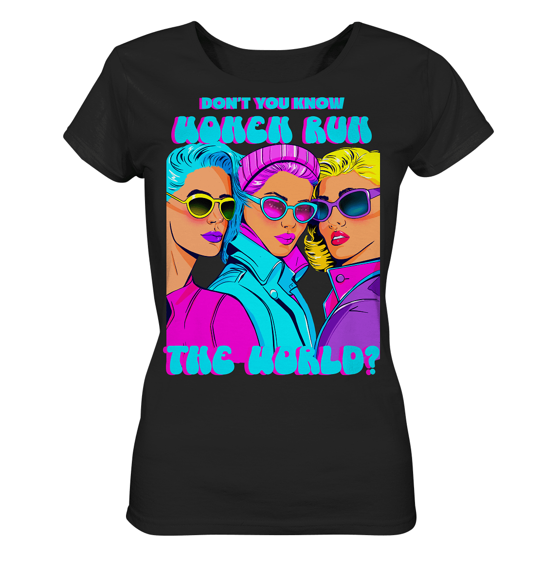 T-Shirt -in -Schwarz-POP-Art-Women-Run-The-World-Fashion-Statement-T-Shirt-color-blocking-pink-blau-purple-muster
