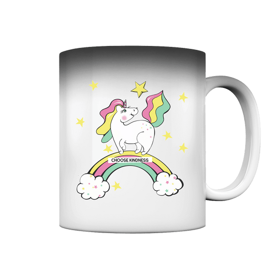 Farbwechseltasse mit dem Einhorn Pferdchen auf dem Regenbogen und Beschriftung "choose kindness."