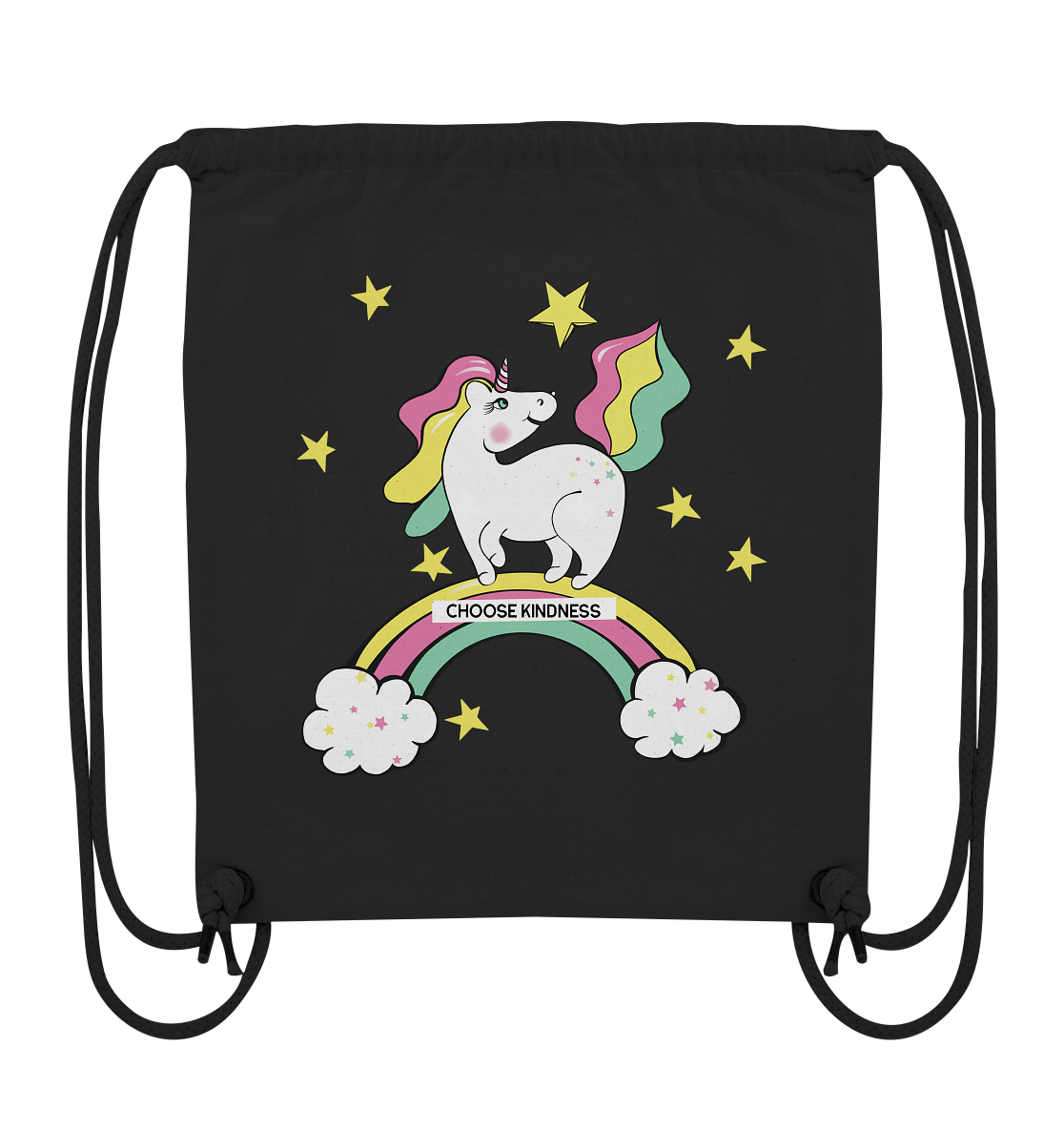 Turnbeutel mit handgezeichneten Einhorn Pferdchen auf dem Regenbogen