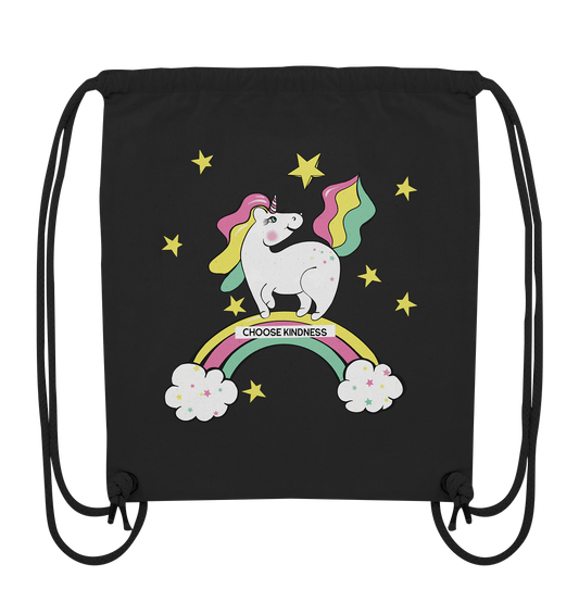 Turnbeutel mit handgezeichneten Einhorn Pferdchen auf dem Regenbogen
