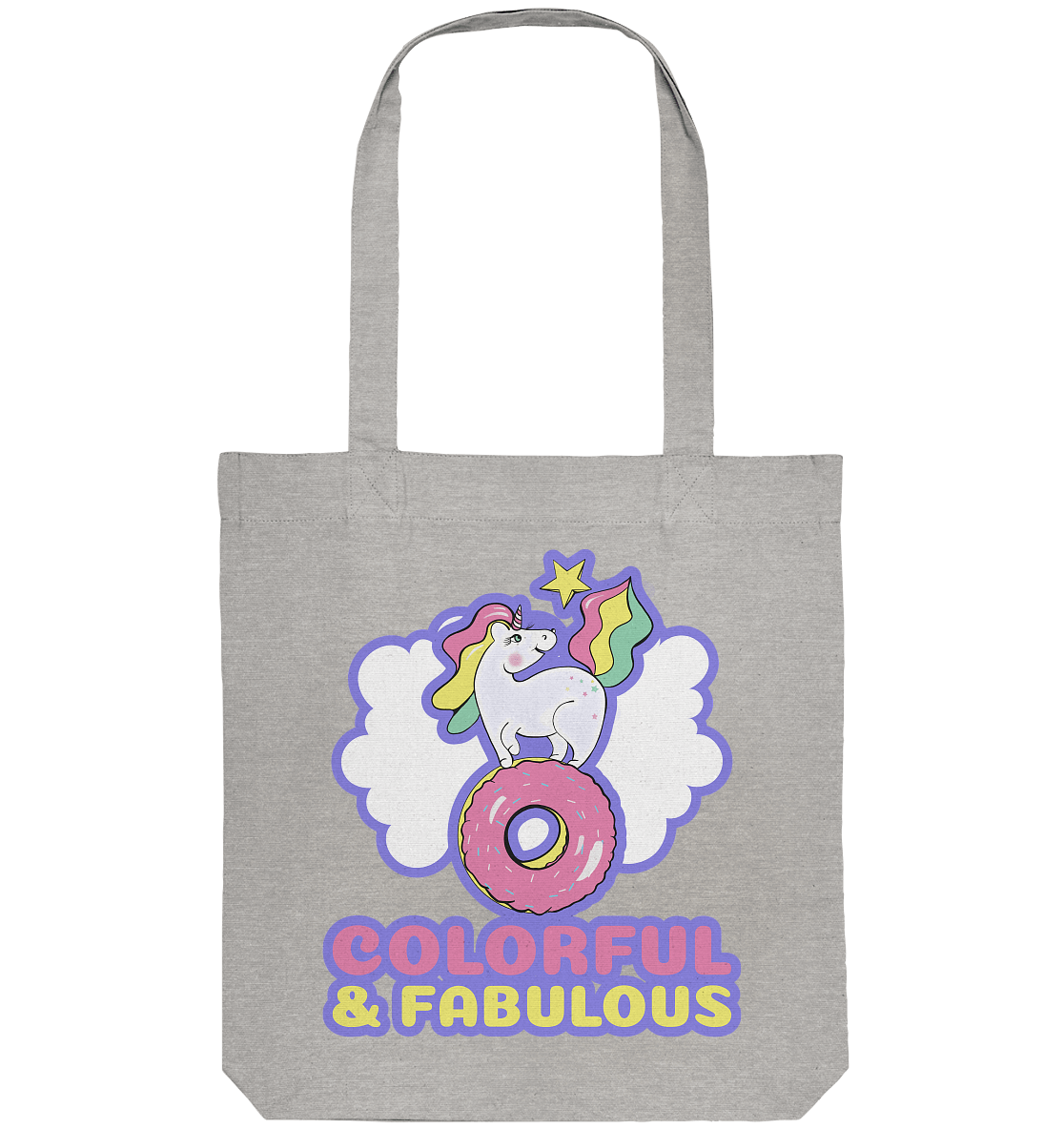 Einhorn Tasche Tote-Bag in grau mit bunten Einhorn auf rosa Donut Print von BLOOMINIC