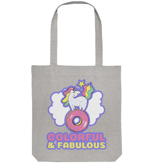 Einhorn Tasche Tote-Bag in grau mit bunten Einhorn auf rosa Donut Print von BLOOMINIC