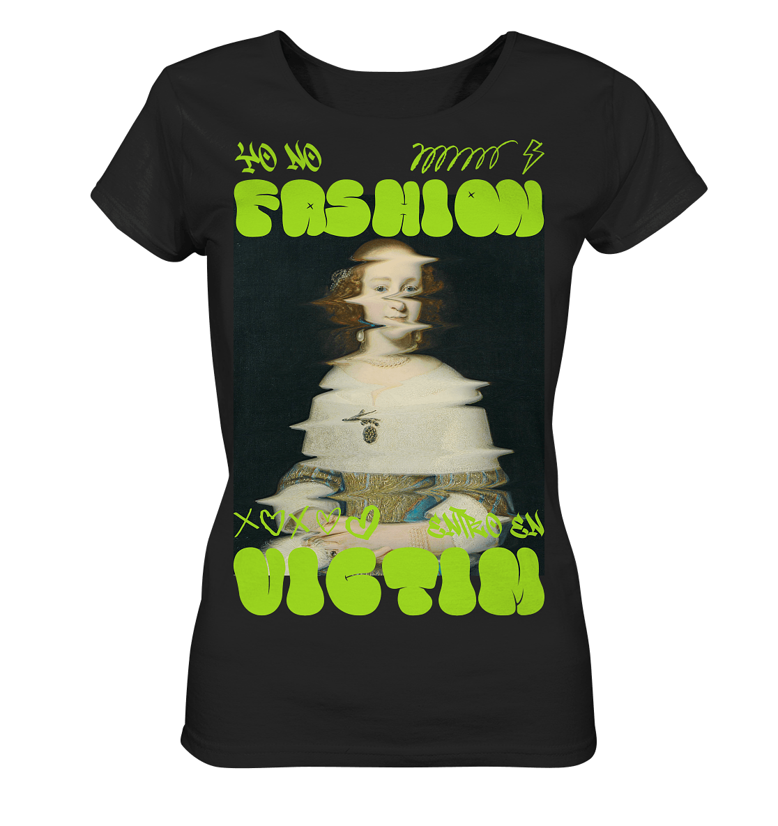 Fashion-Victim-Damen-T-Shirt-in-schwarz-lime-gruene-Print