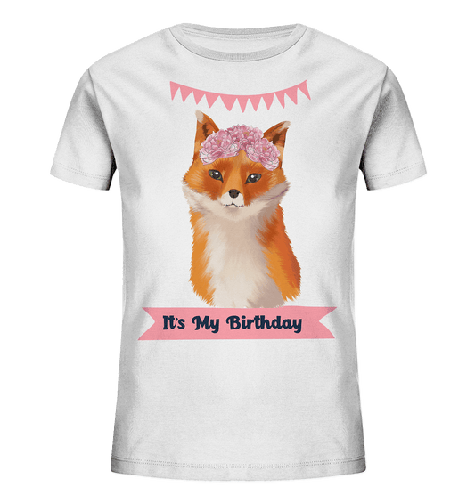 Mädchen T- Shirt mit Fuchs mit Blumen und der Beschriftung "It's My Birthday."