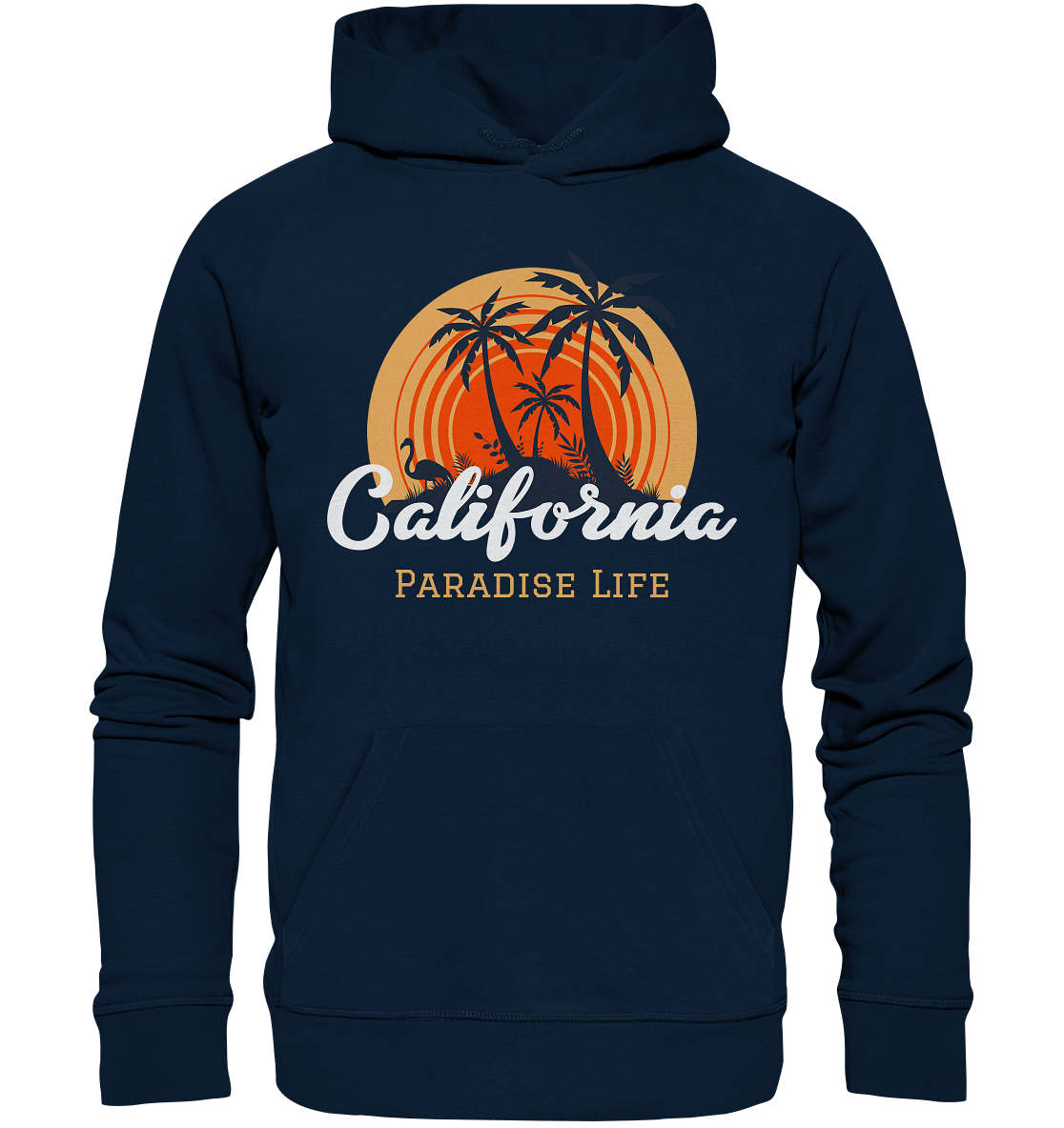 Herren Kapuzenpullover in French Navy mit modischem Design der wilden Paradies-Insel in Flat Style und Beschriftung "California Paradise Life