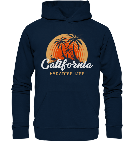 Herren Kapuzenpullover in French Navy mit modischem Design der wilden Paradies-Insel in Flat Style und Beschriftung "California Paradise Life