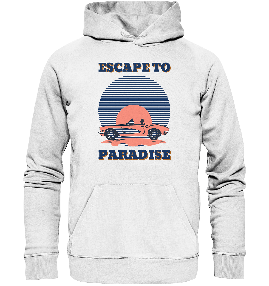 Stylisches und bequemes Herren Kapuzenpullover mit trendigem Retro Design und Beschriftung "Escape to Paradise". 