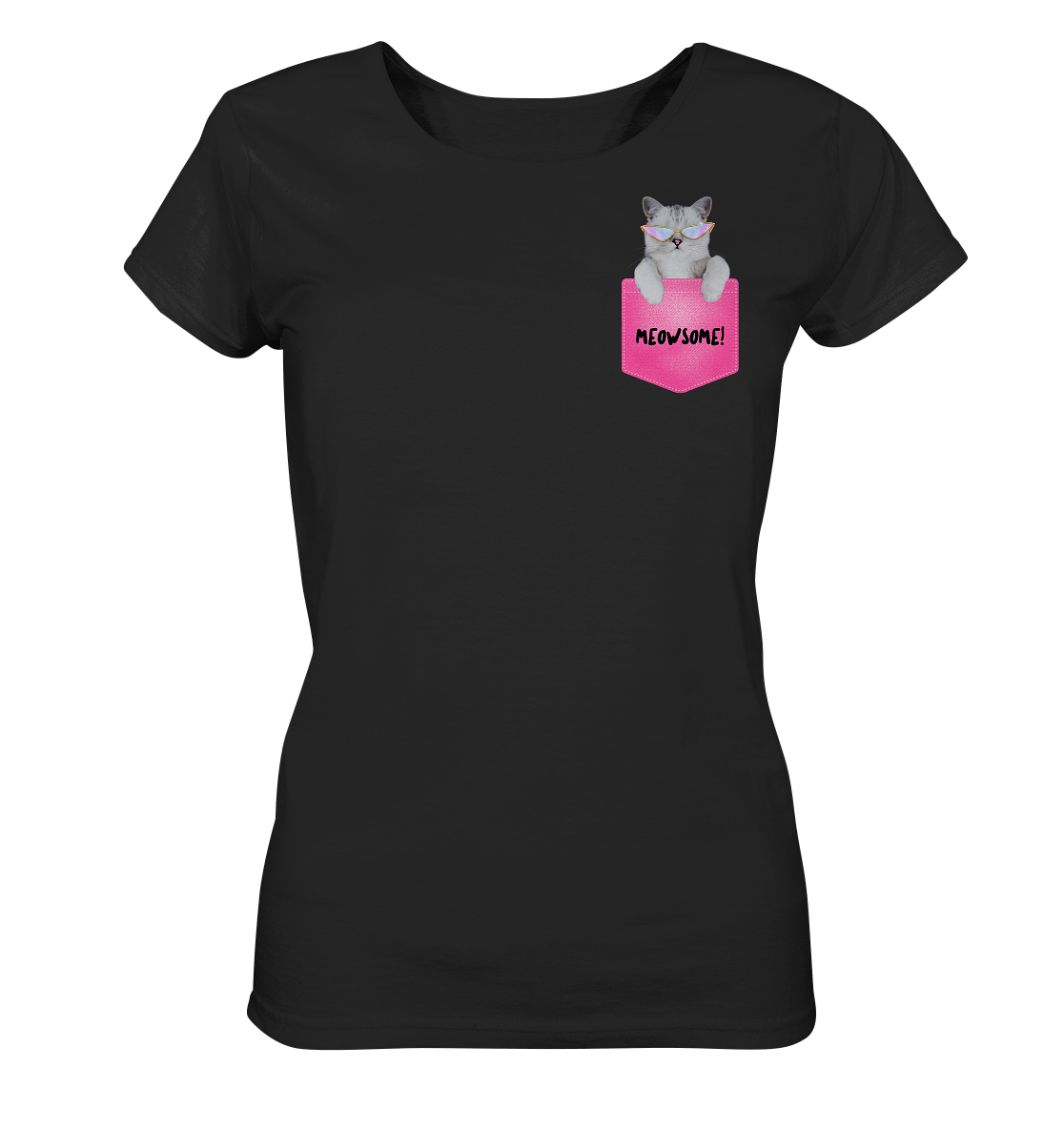 Katze-In-Der-Brusttasche-Damen-T-Shirt-in-Schwarz