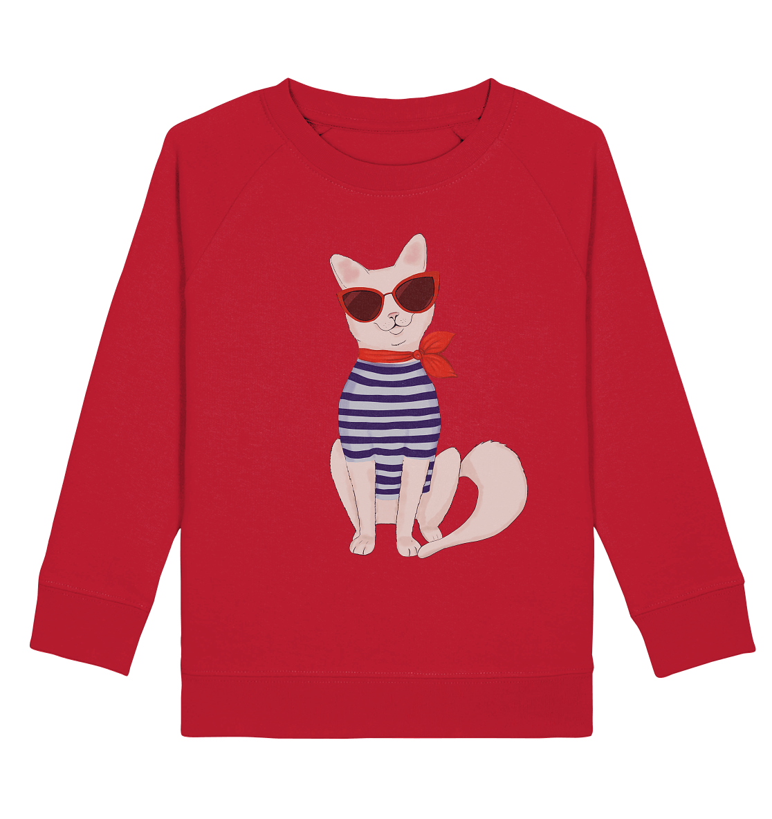 Katze Sweatshirt mit der coolen, modische Grinsekatze, Katze mit Matrosenshirt und roter Sonnenbrille im Cat Eye Style