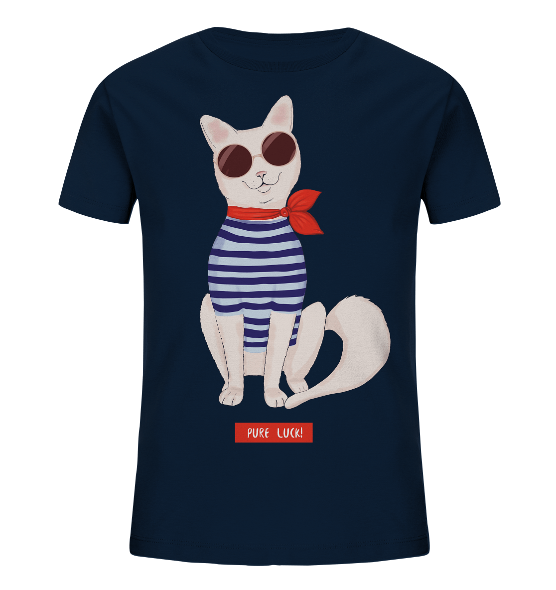 Maritime Katze Comic Kinder Shirt in navy blau mit Katze in Strefenhemd mit Sonnenbrille Print von Bloominic