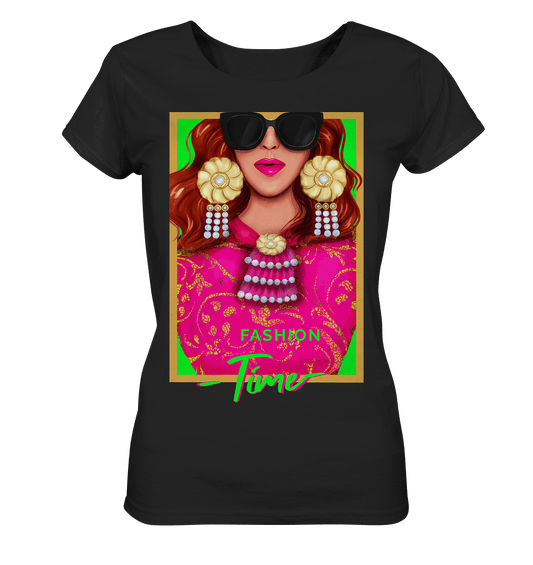 Damen T-Shirt in schwarz mit Neongrün Neonpink Lady Fashion Shirt BLOOMINIC