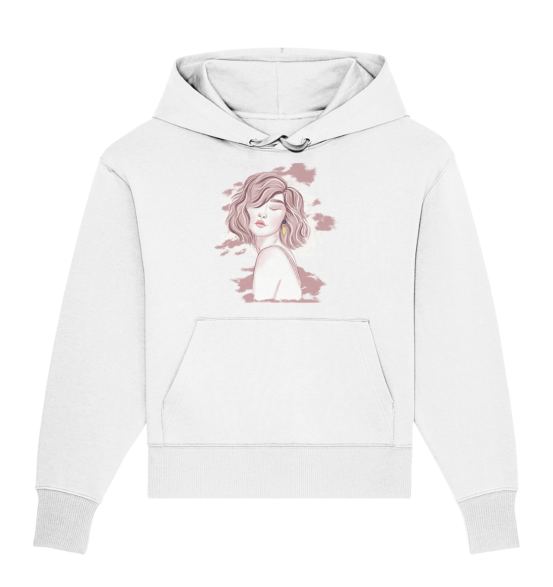 Oversize Kapuzenpullover mit handgezeichnetem Portrait in Beigetönen von Bloominic. Exklusive Künstlermotive auf Textilien, Kunst auf Stoff Bloominic