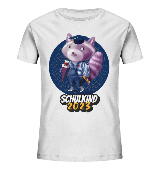 Schulkind-2023-Waschbaer-mit-Zuckertuete-Einschulung-T-Shirt-weiss