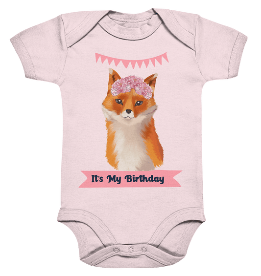 Baby Body in zart rosa mit dem handgezeichneten Fuchs und der Beschriftung "It's My Birthday."