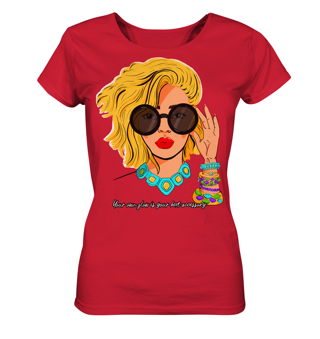 T-Shirt -mit- kunstvollem -Print -Women -fashion Face-T-Shirt-in-rot-mit-Women-Face-your-own-glow-is-your-best-accessory