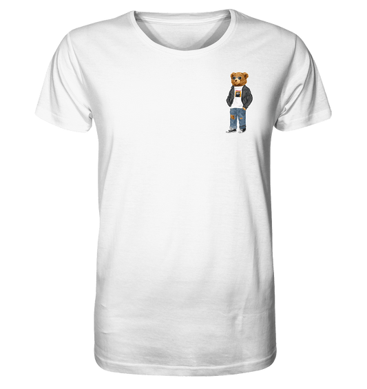 Teddybaer-Herren-T-Shirt-in-weiß-Print-oben-rechts-kleiner-Print-auf-rechter-Brustkleiner Print auf rechter Brust
