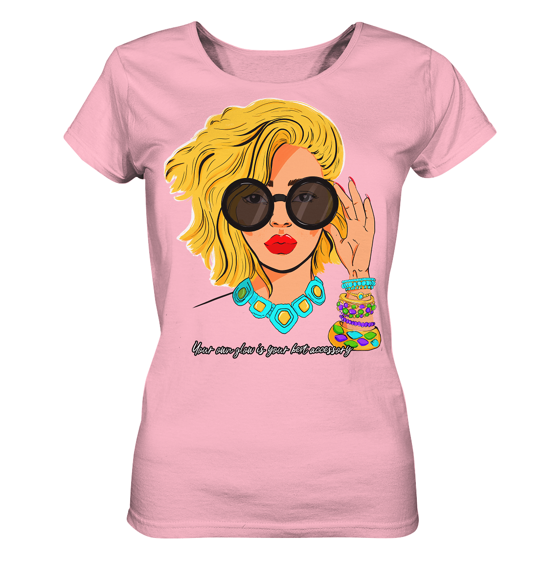 WOMEN-Print-T-Shirt-in-rosa-mit-kunstvollem-Print-Women-fashion-face-your-own-glow-is-your-best-accessory