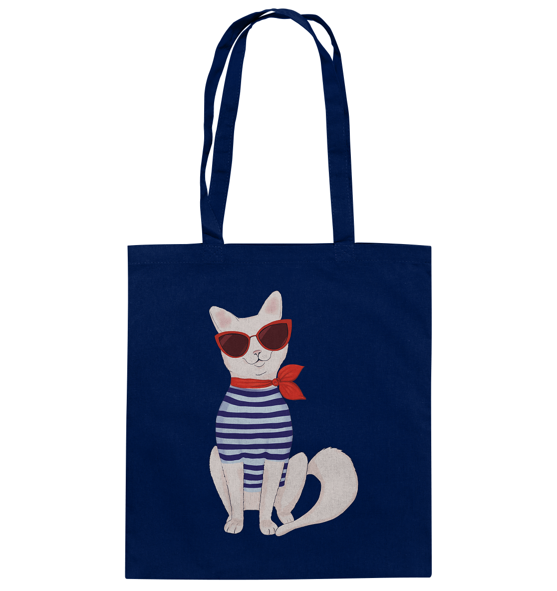 Baumwolltasche mit langen Henkel in royal blau mit einem coolen Fashion Print Grinsekatze