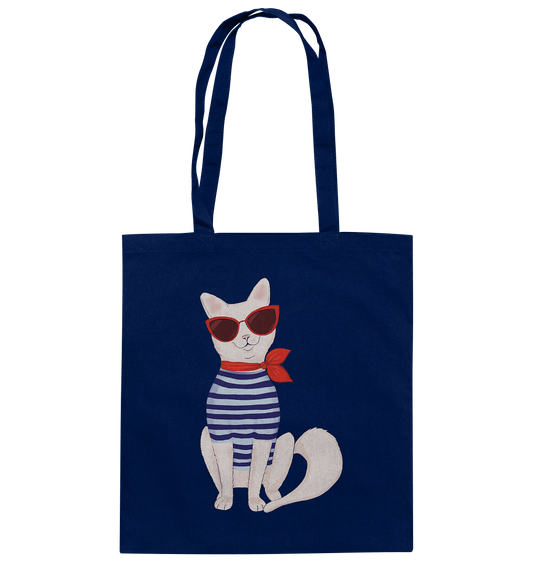 Baumwolltasche mit langen Henkel in royal blau mit einem coolen Fashion Print Grinsekatze