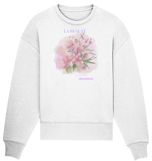 La BEAUTE TRUE BEAUTY Statement Damen Oversize Sweatshirt mit handgezeichneten Watercolor Art Design.