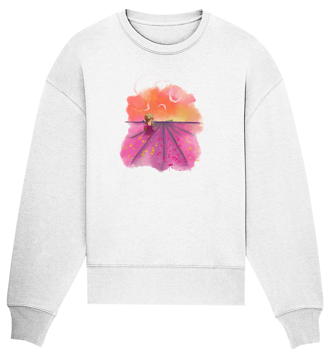 Lavendelfelder Künstlermotiv Damen Oversize Sweatshirt in weiß