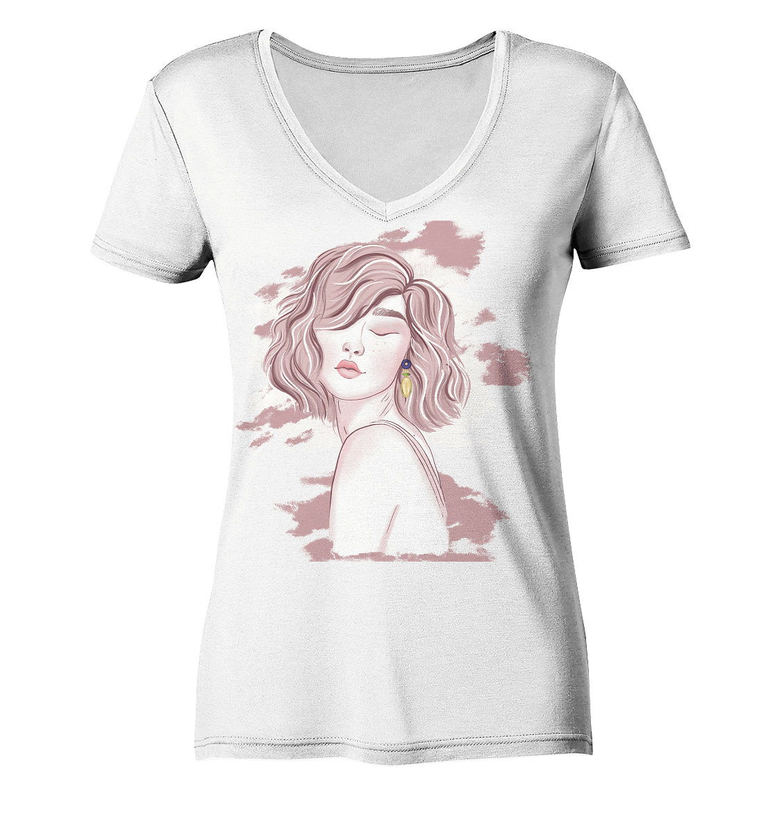 Damen T-Shirt mit V-Halsausschnitt und handgezeichnetem Portrait in Beigetönen. Damen V-Neck Shirt ART Künstlermotive "Portrait mit Ohrring"