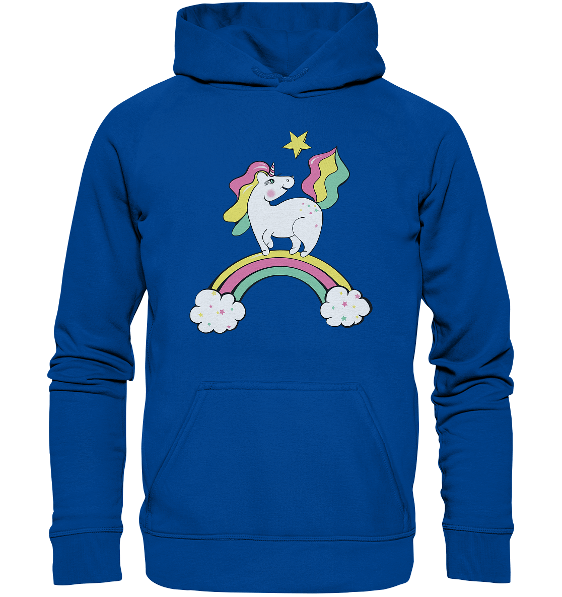 Einhorn Sweatshirt Kapuzenpullover Unicorn auf dem Regenbogen Print Bloominic Hoodie in blau