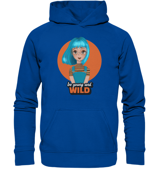 unisex Kapuzenpullover in Royal Blue mit handgezeichneten Cartoon und Beschriftung "be young and wild."