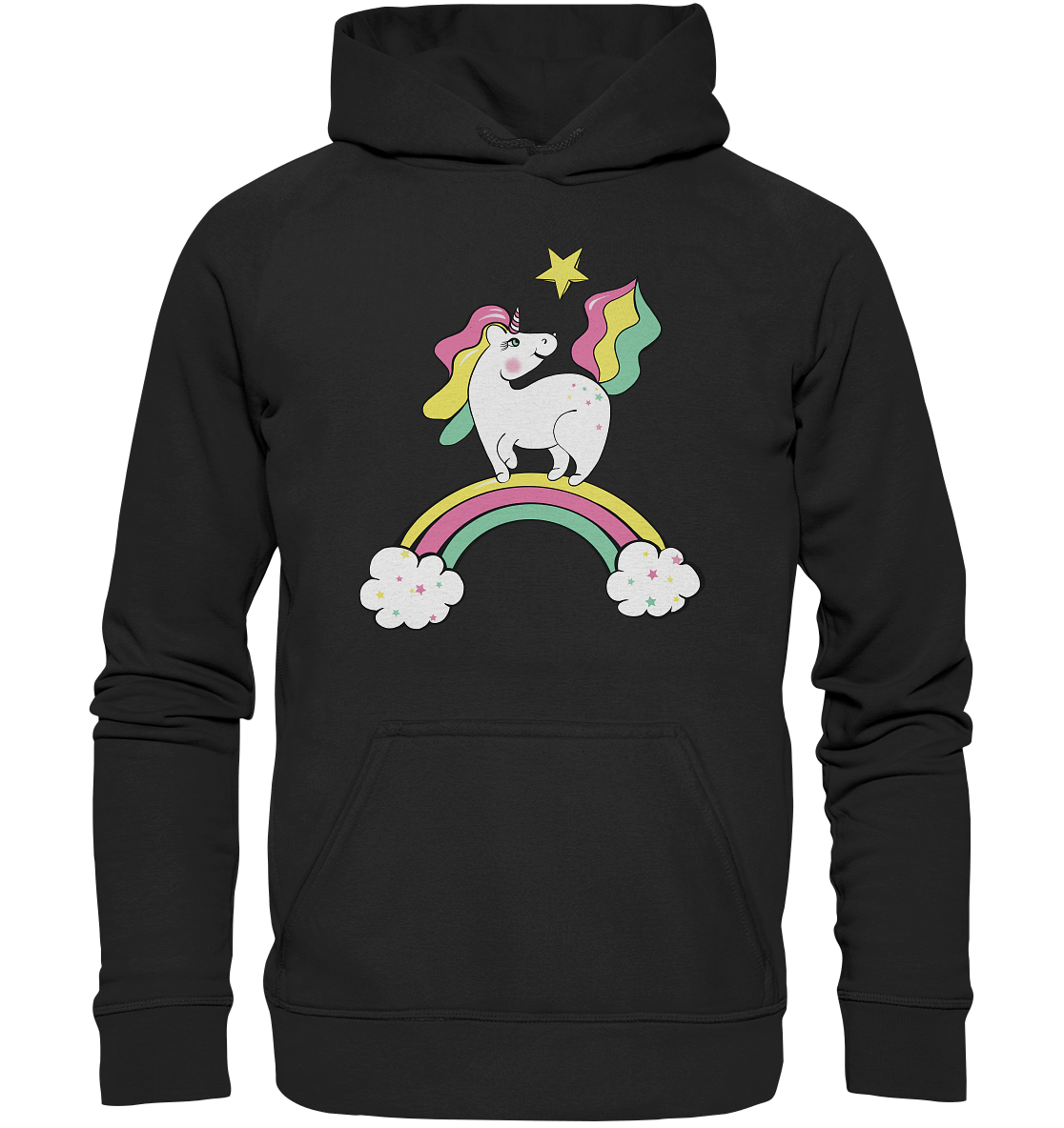Einhorn Sweatshirt Kapuzenpullover Unicorn auf dem Regenbogen Bloominic Hoodie in schwarz
