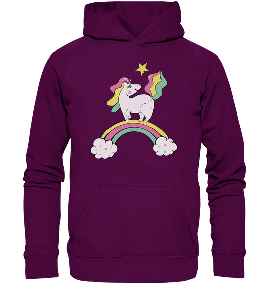 Einhorn  Sweatshirt Kapuzenpullover Unicorn auf dem Regenbogen in plum