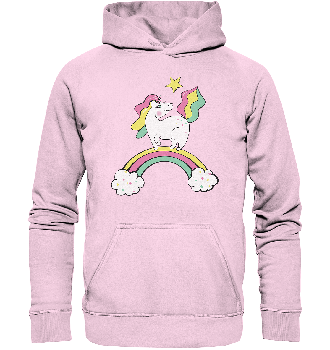 Einhorn Sweatshirt Kapuzenpullover Unicorn auf dem Regenbogen in rosa Bloominic