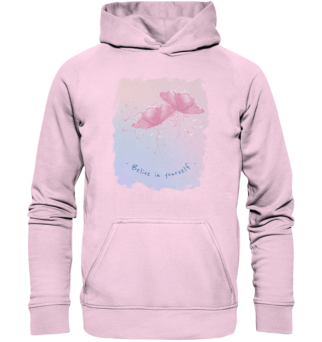 Damen Kapuzenpullover in baby pink mit handgezeichneten Aquarell Blumen Design und Beschriftung "Believe in yourself." 