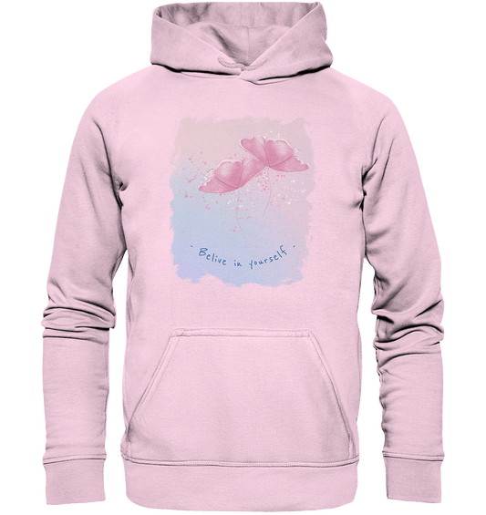 Damen Kapuzenpullover in baby pink mit handgezeichneten Aquarell Blumen Design und Beschriftung "Believe in yourself." 