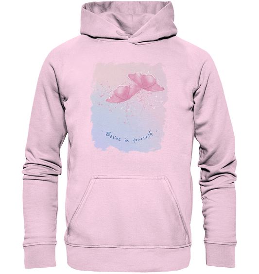 Damen Kapuzenpullover in baby pink mit handgezeichneten Aquarell Blumen Design und Beschriftung "Believe in yourself."