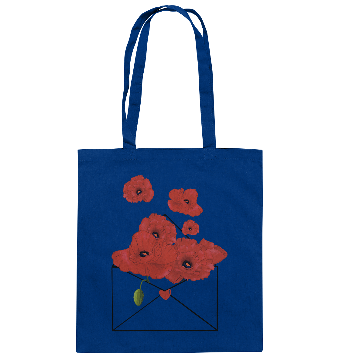 Baumwolltasche in Bright Royal mit handgezeichneten roten Mohnblumen