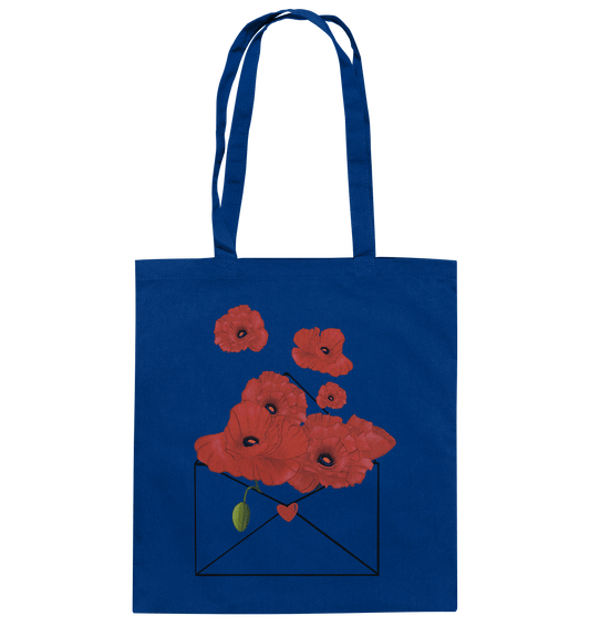 Baumwolltasche in Bright Royal mit handgezeichneten roten Mohnblumen