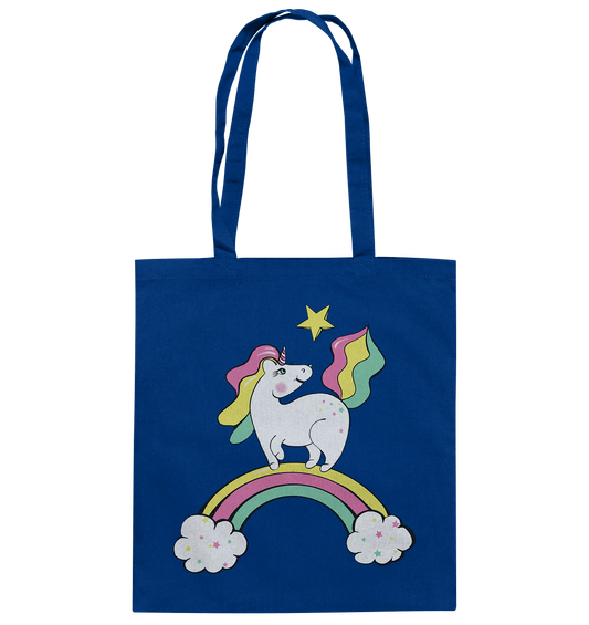 trendige Baumwolltasche in royal blau mit einem Einhorn Pferdchen auf dem Regenbogen Unicorn