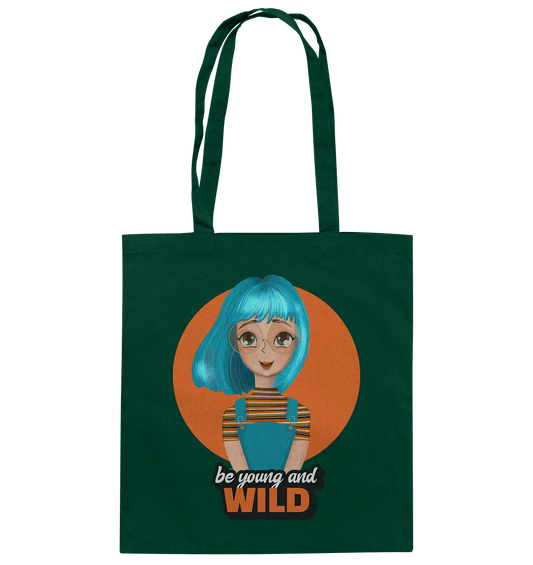 Baumwolltasche in Bottle Green handgezeichnetes Cartoon mit trendigen türkisfarbenen Haaren und Beschriftung "be young and wild.