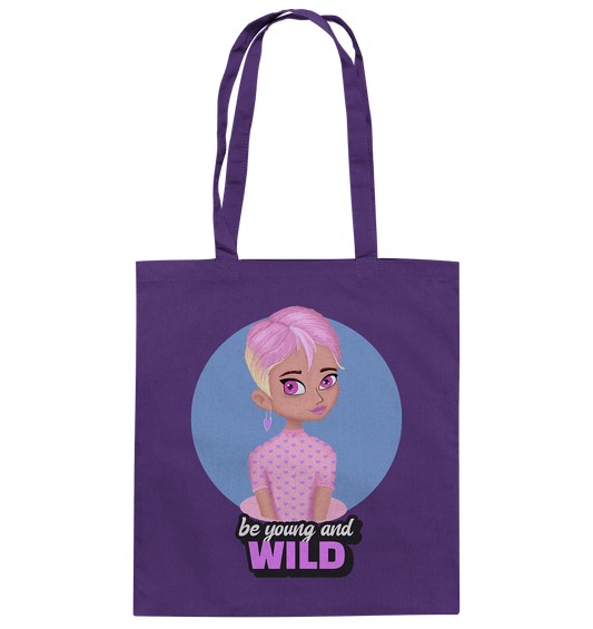 Baumwolltasche in Purple mit handgezeichneten Cartoon in rosa und Beschriftung "be young and wild"  