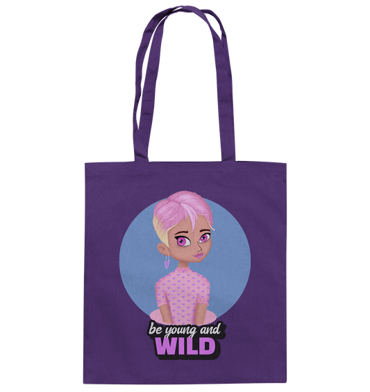 Baumwolltasche in Purple mit handgezeichneten Cartoon in rosa und Beschriftung "be young and wild"