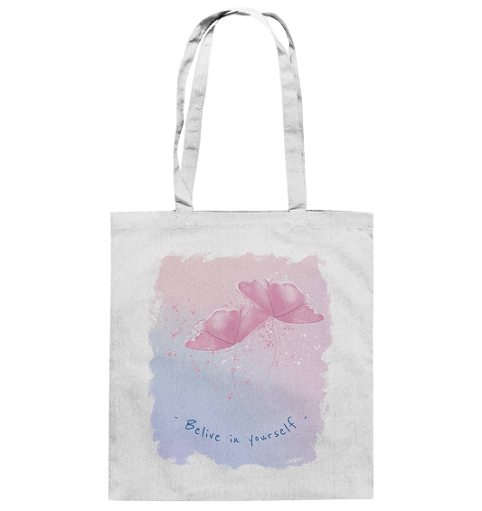 Baumwolltasche mit handgezeichneten Aquarell Blumen Design und Beschriftung "Believe in yourself."