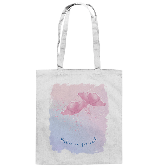 Baumwolltasche mit handgezeichneten Aquarell Blumen Design und Beschriftung "Believe in yourself."