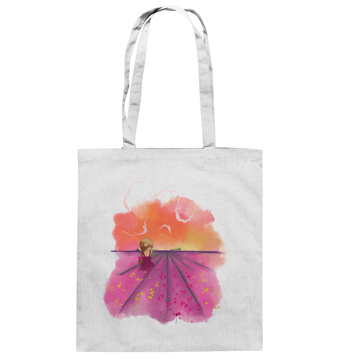 trendige Stofftasche mit künstlerischen Print  Lavenderfelder in Lila mit Frau mit Hut