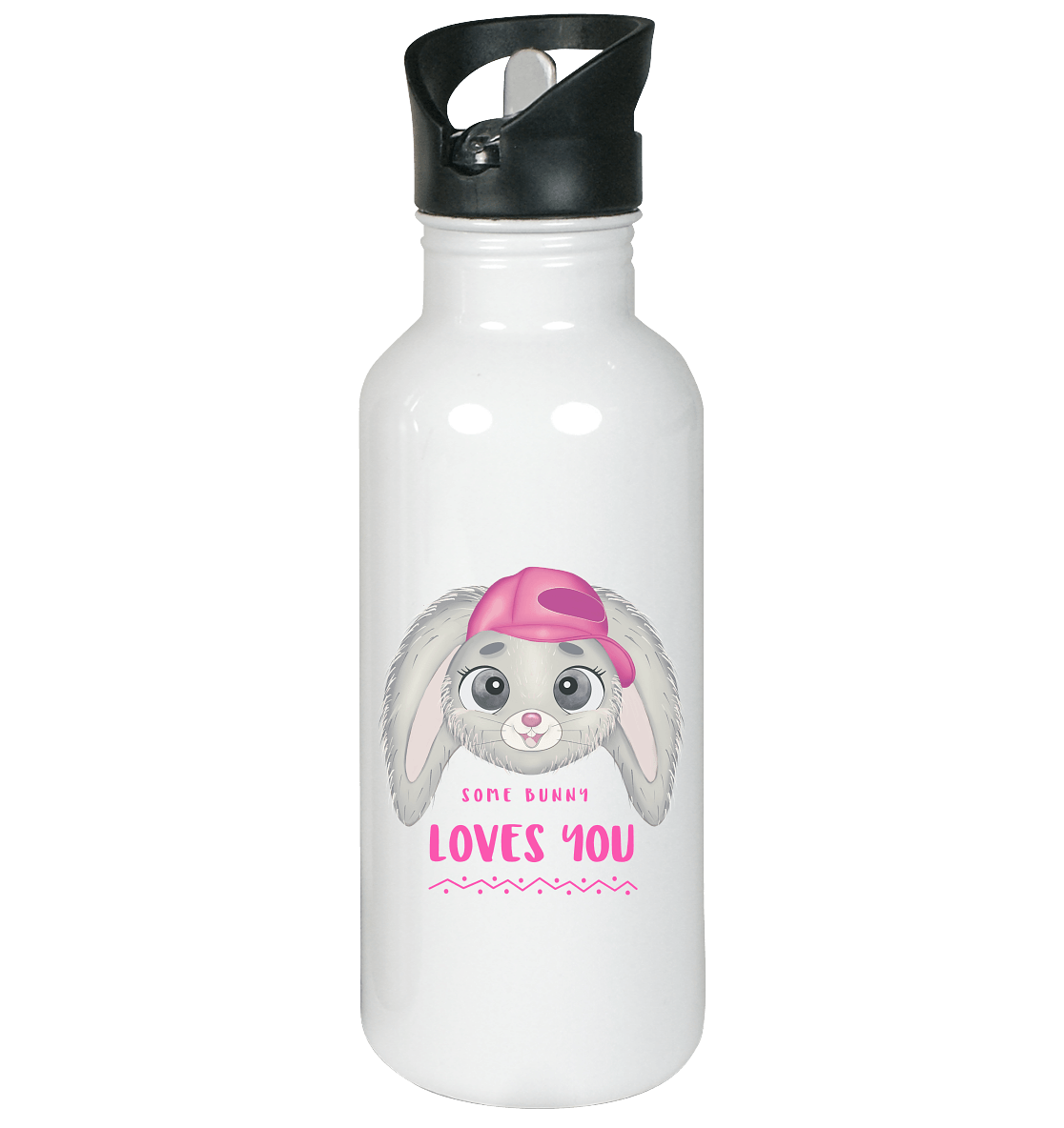 Edelstahl-Trinkflasche mit handgezeichneten Bunny Cartoon und Beschriftung "some bunny loves you."