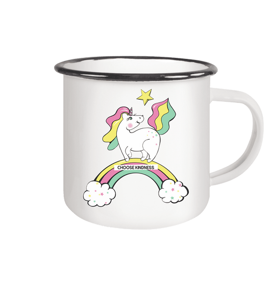 Emaille Tasse mit schwarzem Tassenrand und dem Einhorn Pferdchen auf dem Regenbogen