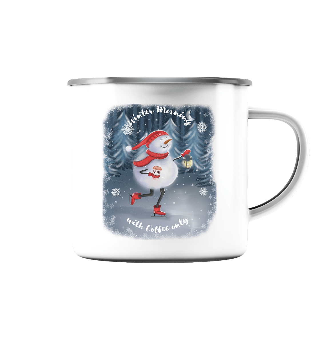 Emaille Tasse mit handgezeichneten Schneemann kaufen
